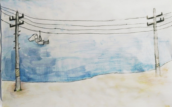 그녀는 속초 바닷가에서 떠오른 생각을 그림으로 옮겼다. '서울까지 짚라인 타고 가면 좋겠다!'