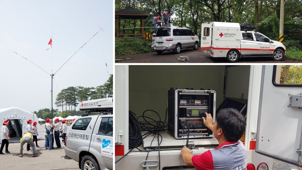 통신마비 단절시 통신시설을 설치 훈련하는 재난대응봉사회